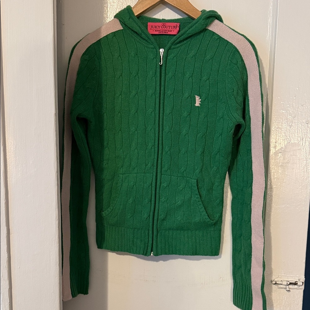 Juicy Couture Green Cashmere Knit Hoodie with Cream Stripes